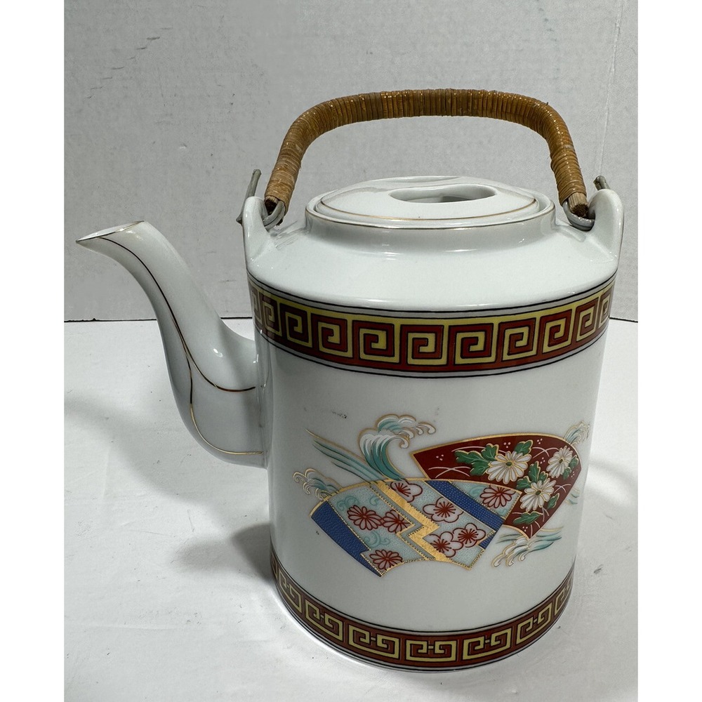 Vintage Japanese Teapot Tea Hand‎ Painted Ceramic with Rattan Handle - Picture 2 of 13